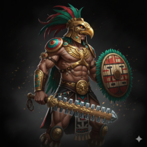 Caballero Águila con la macuahuitl y el chimalli